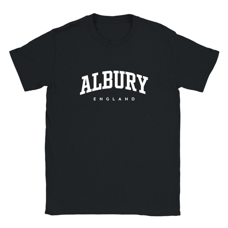 Albury T Shirt which features white text centered on the chest which says the Village name Albury in varsity style arched writing with England printed underneath.