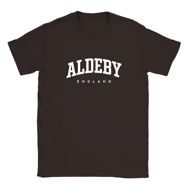 Aldeby T Shirt which features white text centered on the chest which says the Village name Aldeby in varsity style arched writing with England printed underneath.