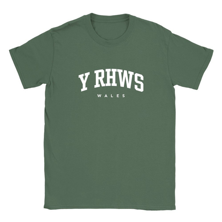 Y Rhws T Shirt which features white text centered on the chest which says the Village name Y Rhws in varsity style arched writing with Wales printed underneath.