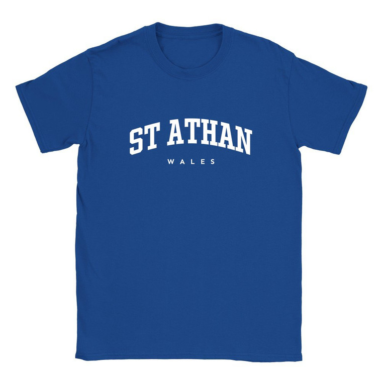 St Athan T Shirt which features white text centered on the chest which says the Village name St Athan in varsity style arched writing with Wales printed underneath.