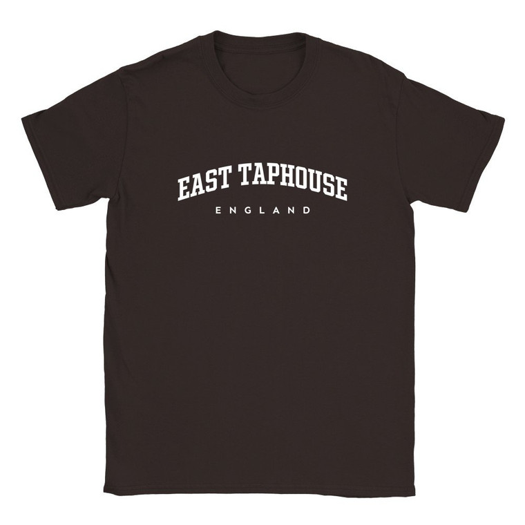 East Taphouse T Shirt which features white text centered on the chest which says the Village name East Taphouse in varsity style arched writing with England printed underneath.