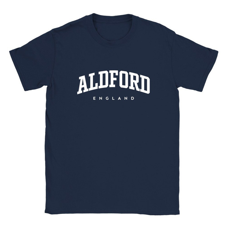 Aldford T Shirt which features white text centered on the chest which says the Village name Aldford in varsity style arched writing with England printed underneath.