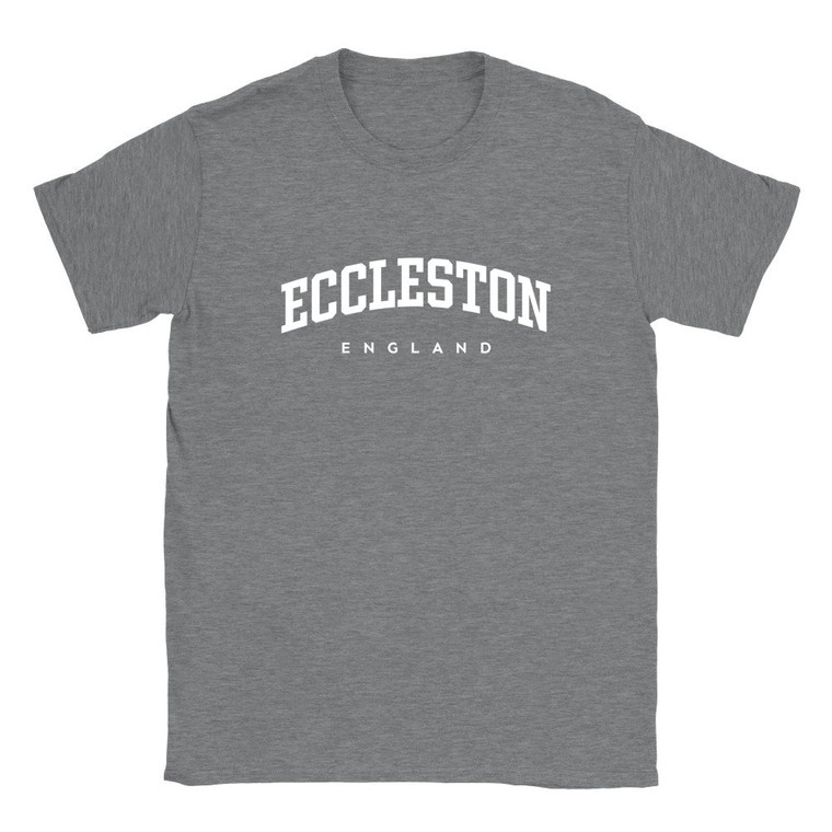 Eccleston T Shirt which features white text centered on the chest which says the Village name Eccleston in varsity style arched writing with England printed underneath.