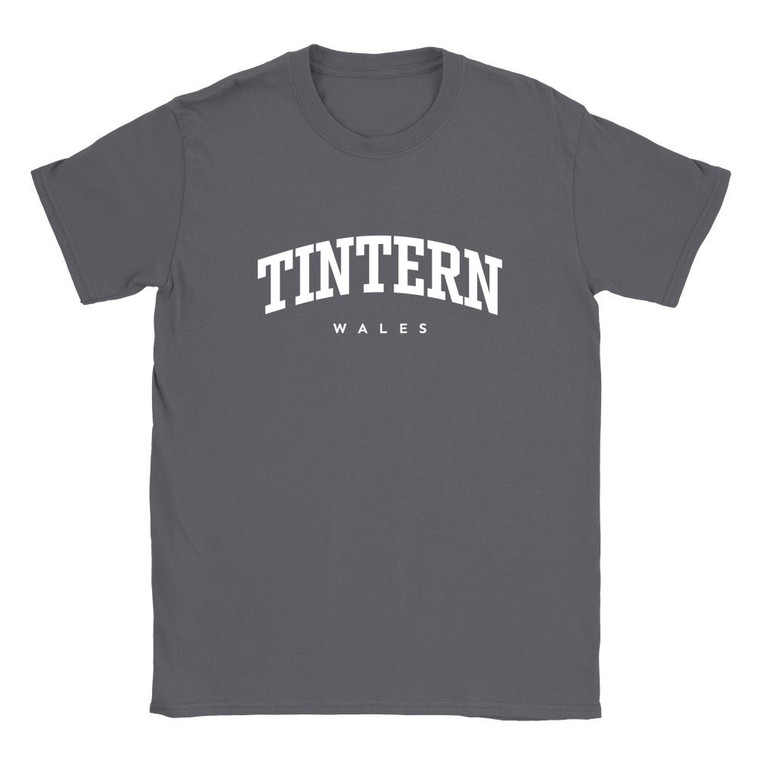 Tintern T Shirt which features white text centered on the chest which says the Village name Tintern in varsity style arched writing with Wales printed underneath.