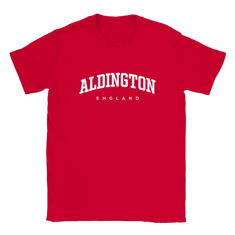 Aldington T Shirt which features white text centered on the chest which says the Village name Aldington in varsity style arched writing with England printed underneath.