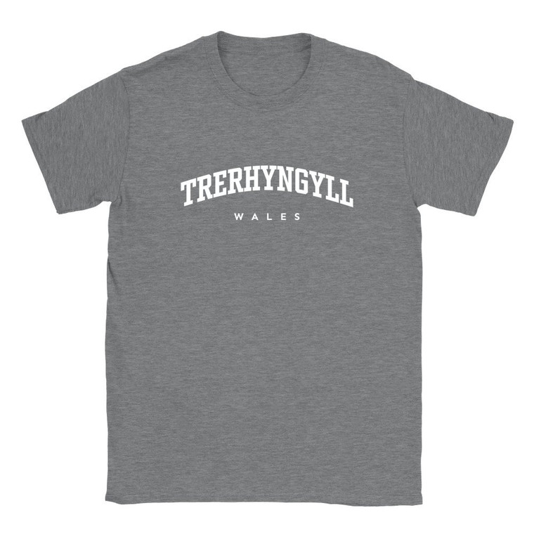 Trerhyngyll T Shirt which features white text centered on the chest which says the Village name Trerhyngyll in varsity style arched writing with Wales printed underneath.