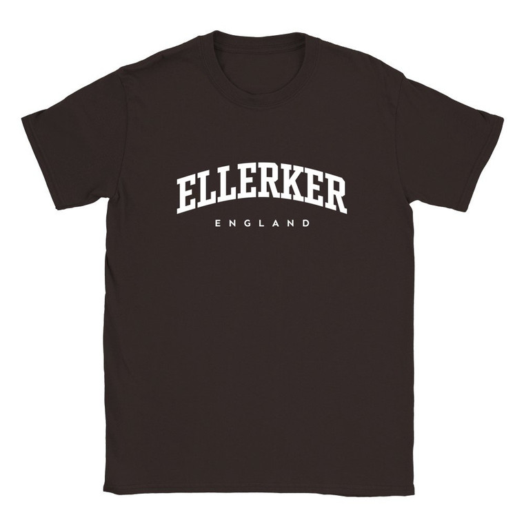 Ellerker T Shirt which features white text centered on the chest which says the Village name Ellerker in varsity style arched writing with England printed underneath.