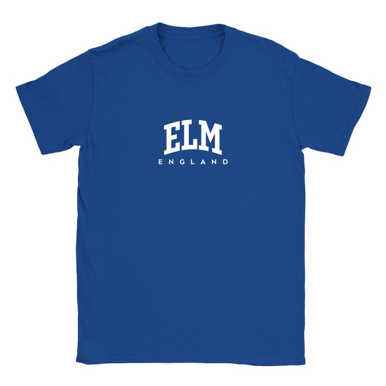 Elm T Shirt which features white text centered on the chest which says the Village name Elm in varsity style arched writing with England printed underneath.