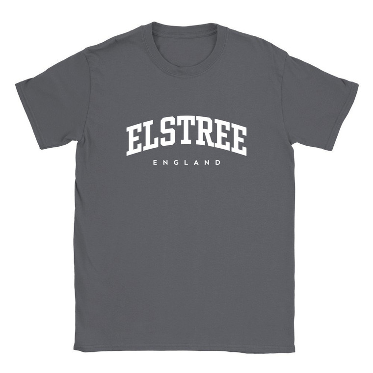 Elstree T Shirt which features white text centered on the chest which says the Village name Elstree in varsity style arched writing with England printed underneath.