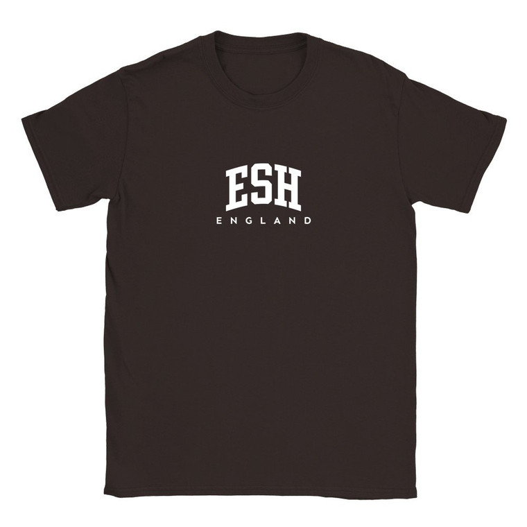 Esh T Shirt which features white text centered on the chest which says the Village name Esh in varsity style arched writing with England printed underneath.
