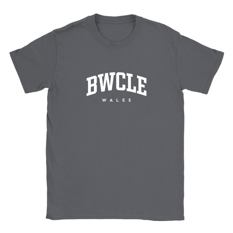 Bwcle T Shirt which features white text centered on the chest which says the Town name Bwcle in varsity style arched writing with Wales printed underneath.