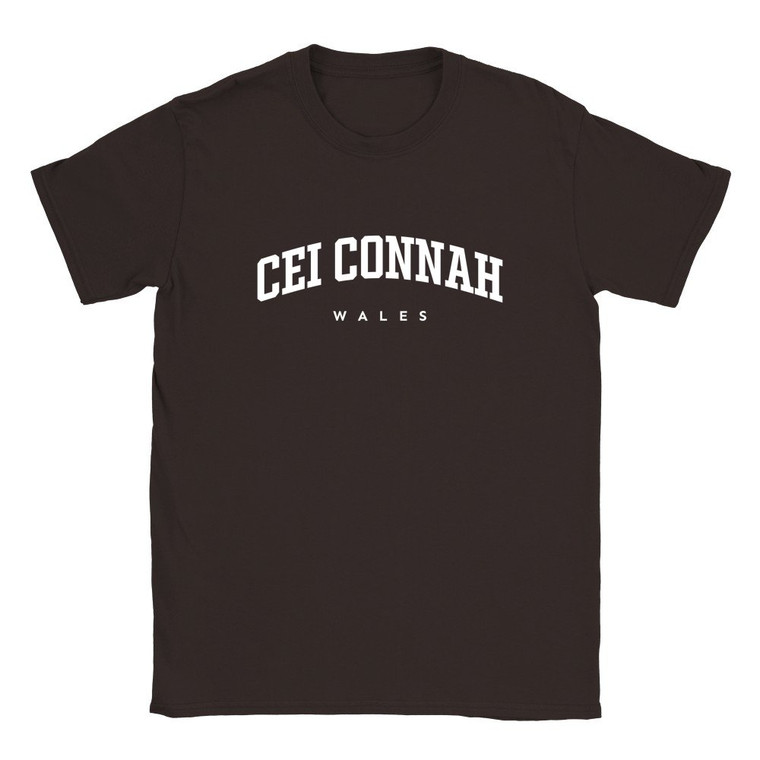 Cei Connah T Shirt which features white text centered on the chest which says the Town name Cei Connah in varsity style arched writing with Wales printed underneath.