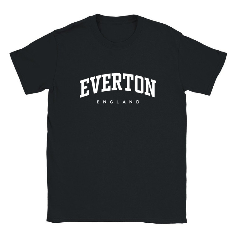 Everton T Shirt which features white text centered on the chest which says the Village name Everton in varsity style arched writing with England printed underneath.