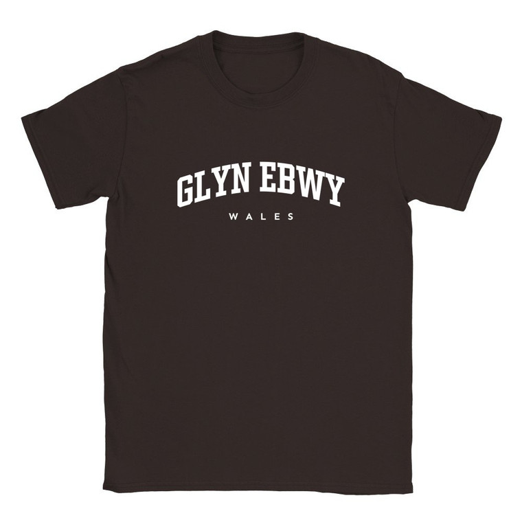 Glyn Ebwy T Shirt which features white text centered on the chest which says the Town name Glyn Ebwy in varsity style arched writing with Wales printed underneath.