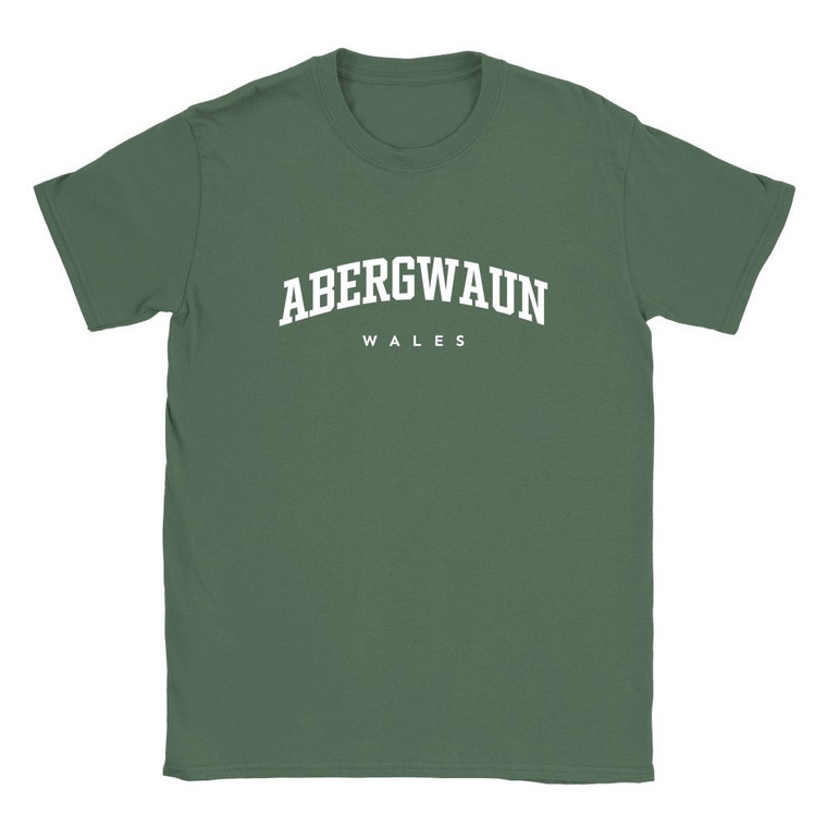 Abergwaun T Shirt which features white text centered on the chest which says the Town name Abergwaun in varsity style arched writing with Wales printed underneath.