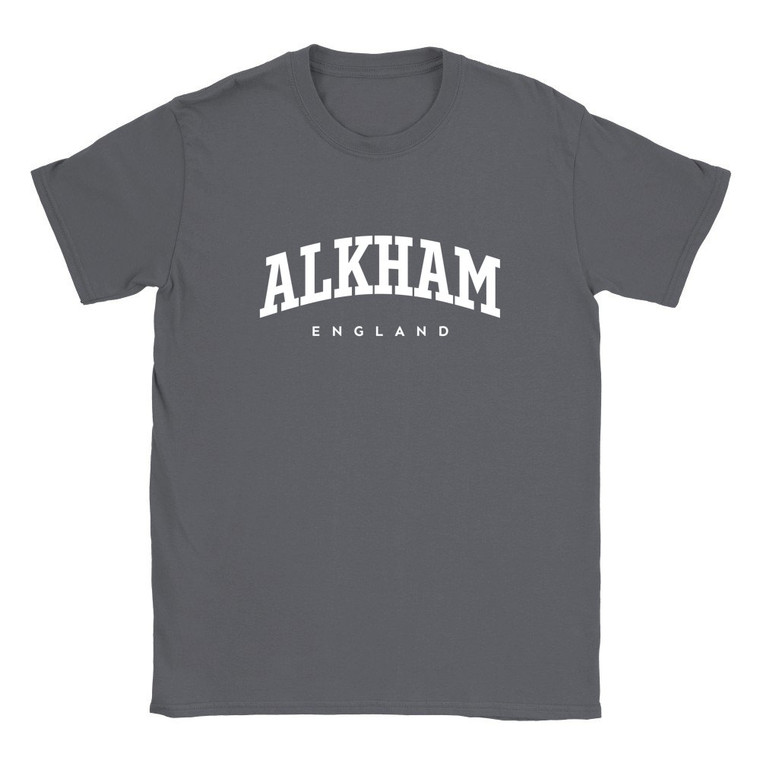 Alkham T Shirt which features white text centered on the chest which says the Village name Alkham in varsity style arched writing with England printed underneath.