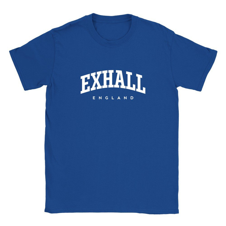 Exhall T Shirt which features white text centered on the chest which says the Village name Exhall in varsity style arched writing with England printed underneath.