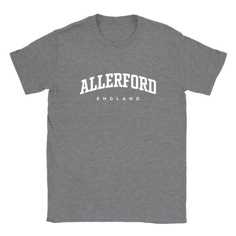 Allerford T Shirt which features white text centered on the chest which says the Village name Allerford in varsity style arched writing with England printed underneath.