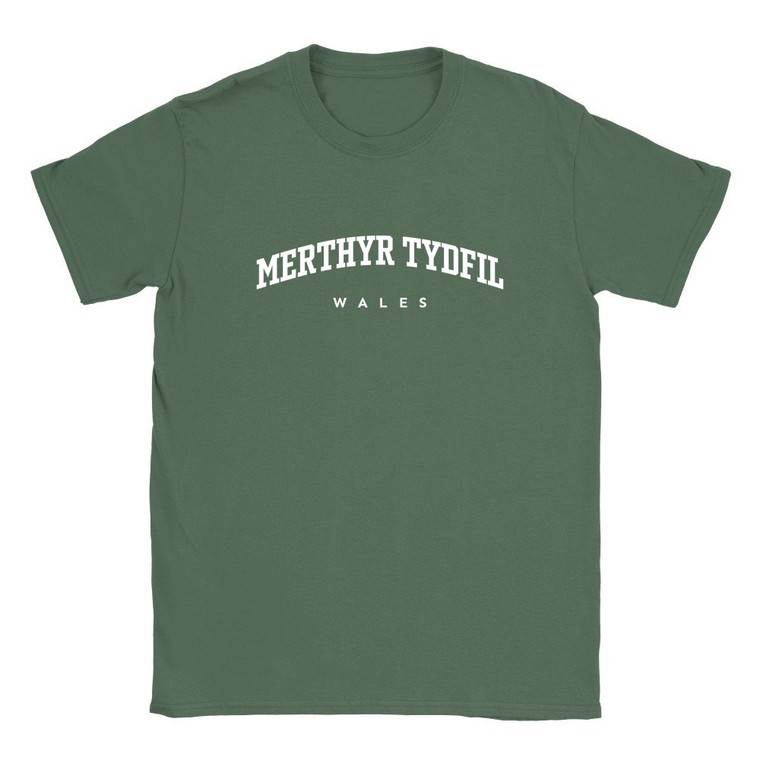 Merthyr Tydfil T Shirt which features white text centered on the chest which says the Town name Merthyr Tydfil in varsity style arched writing with Wales printed underneath.