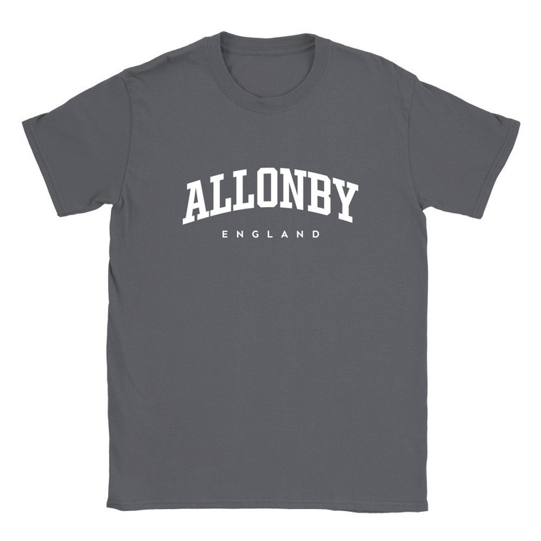 Allonby T Shirt which features white text centered on the chest which says the Village name Allonby in varsity style arched writing with England printed underneath.