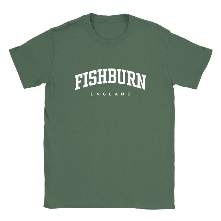 Fishburn T Shirt which features white text centered on the chest which says the Village name Fishburn in varsity style arched writing with England printed underneath.