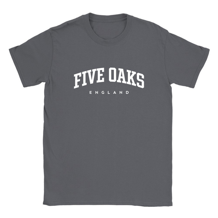Five Oaks T Shirt which features white text centered on the chest which says the Village name Five Oaks in varsity style arched writing with England printed underneath.