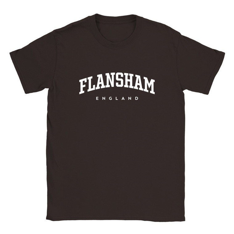 Flansham T Shirt which features white text centered on the chest which says the Village name Flansham in varsity style arched writing with England printed underneath.
