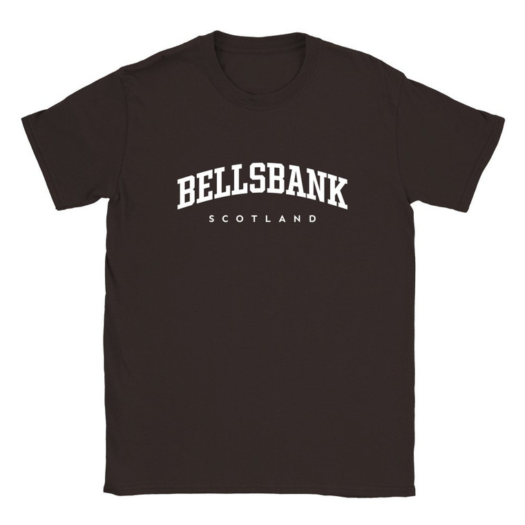 Bellsbank T Shirt which features white text centered on the chest which says the Village name Bellsbank in varsity style arched writing with Scotland printed underneath.