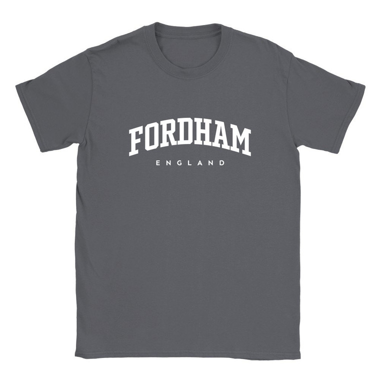 Fordham T Shirt which features white text centered on the chest which says the Village name Fordham in varsity style arched writing with England printed underneath.