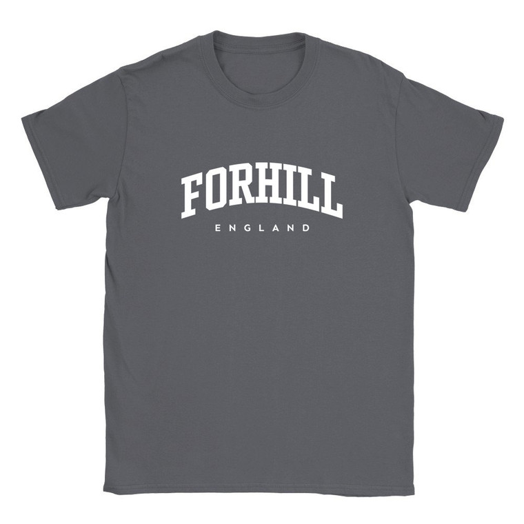 Forhill T Shirt which features white text centered on the chest which says the Village name Forhill in varsity style arched writing with England printed underneath.