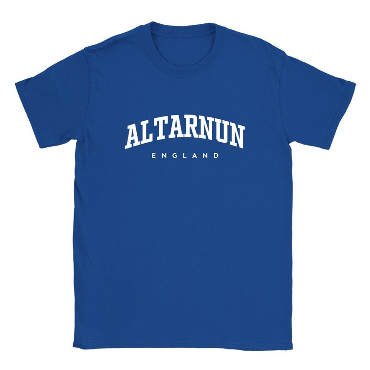 Altarnun T Shirt which features white text centered on the chest which says the Village name Altarnun in varsity style arched writing with England printed underneath.