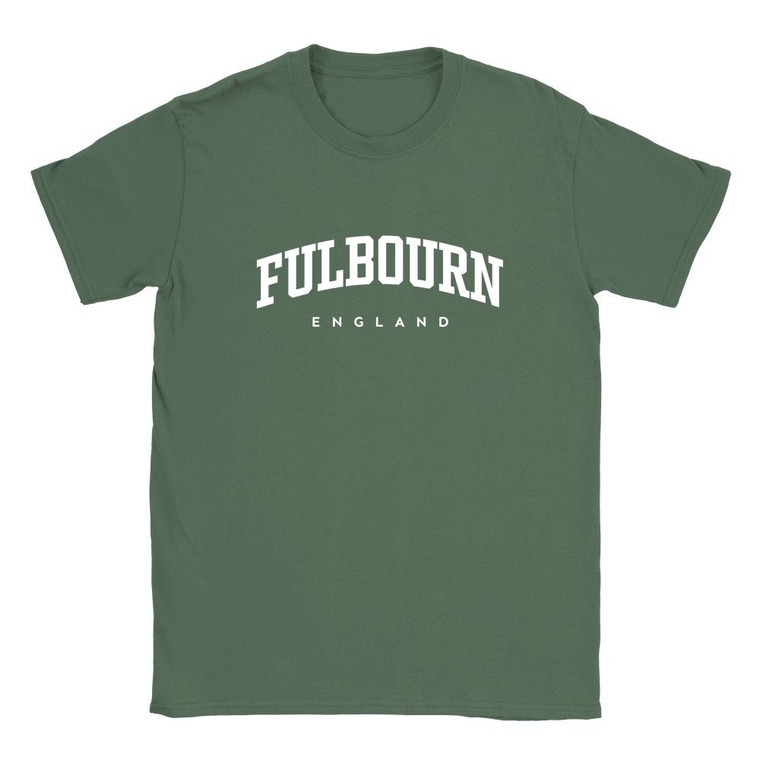 Fulbourn T Shirt which features white text centered on the chest which says the Village name Fulbourn in varsity style arched writing with England printed underneath.
