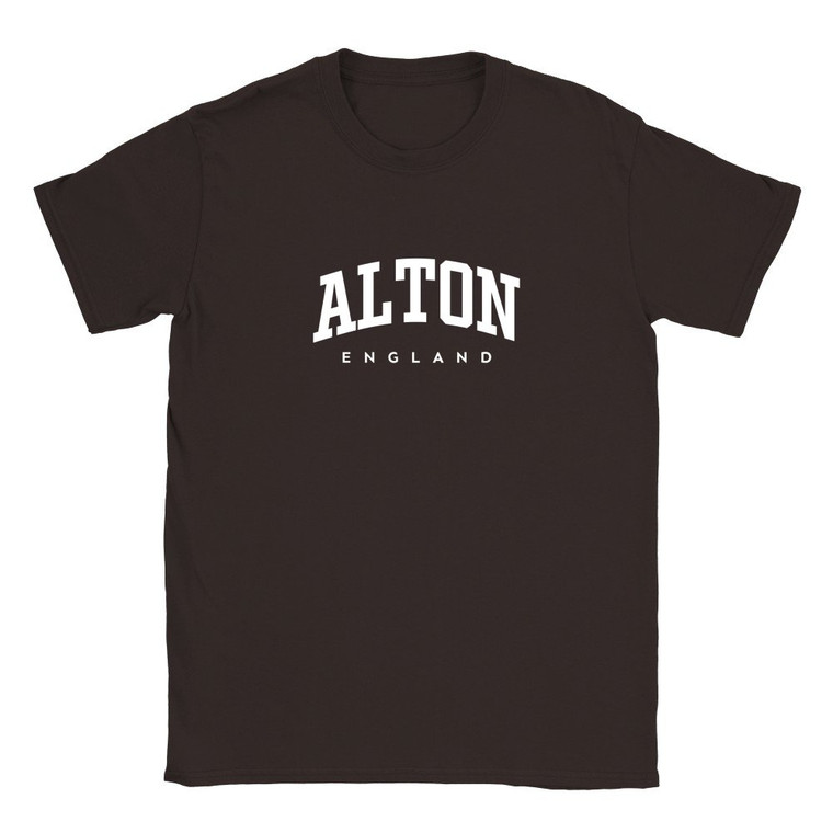 Alton T Shirt which features white text centered on the chest which says the Village name Alton in varsity style arched writing with England printed underneath.
