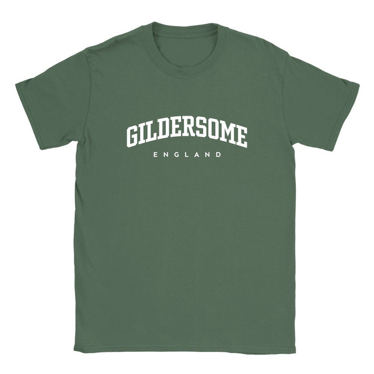 Gildersome T Shirt which features white text centered on the chest which says the Village name Gildersome in varsity style arched writing with England printed underneath.