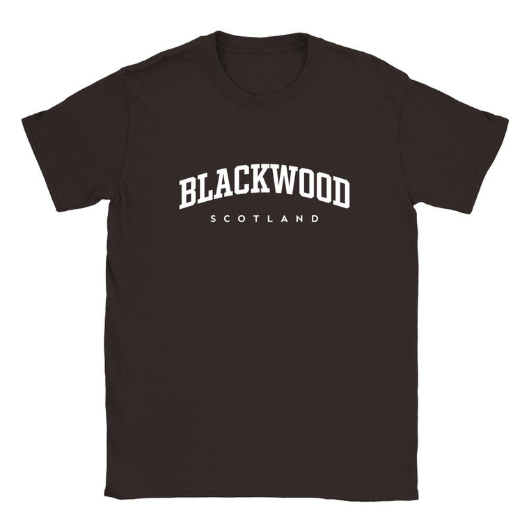 Blackwood T Shirt which features white text centered on the chest which says the Village name Blackwood in varsity style arched writing with Scotland printed underneath.