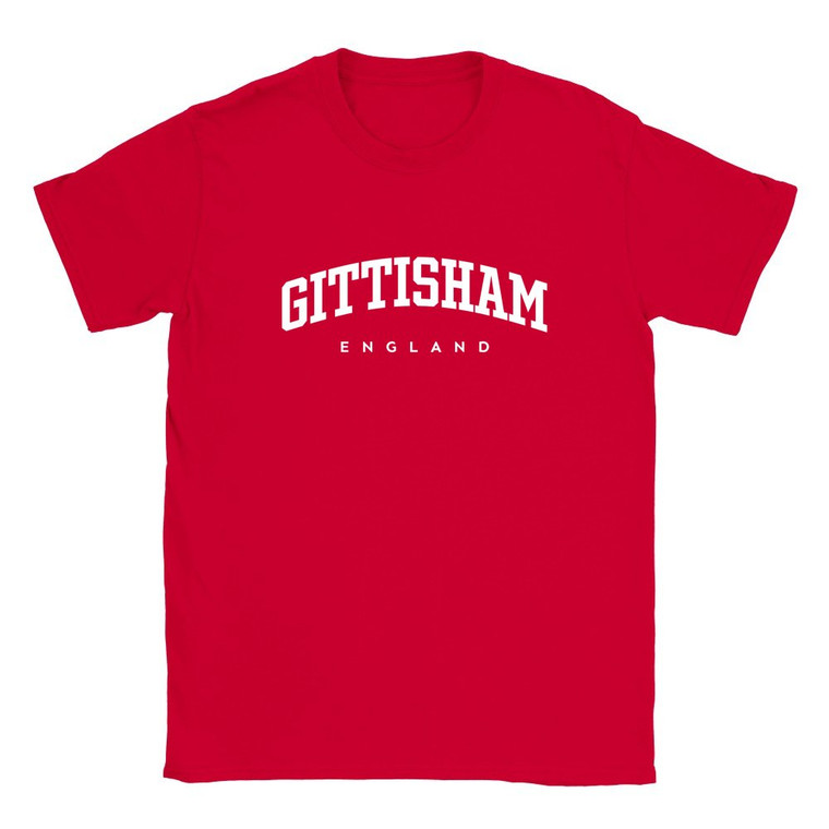 Gittisham T Shirt which features white text centered on the chest which says the Village name Gittisham in varsity style arched writing with England printed underneath.