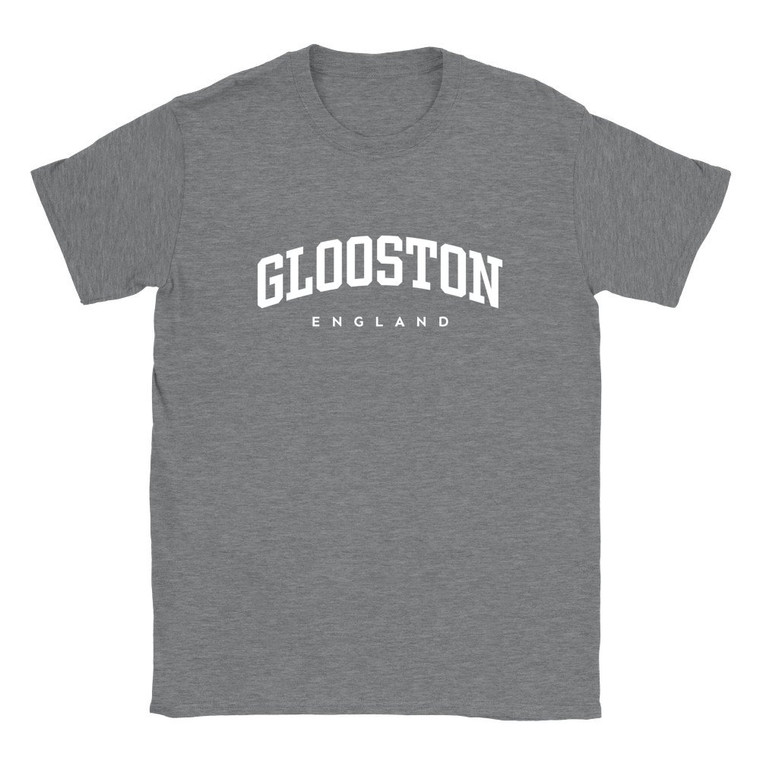 Glooston T Shirt which features white text centered on the chest which says the Village name Glooston in varsity style arched writing with England printed underneath.