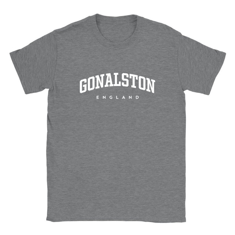 Gonalston T Shirt which features white text centered on the chest which says the Village name Gonalston in varsity style arched writing with England printed underneath.