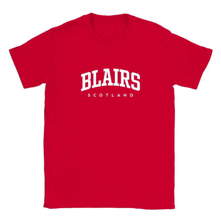 Blairs T Shirt which features white text centered on the chest which says the Village name Blairs in varsity style arched writing with Scotland printed underneath.