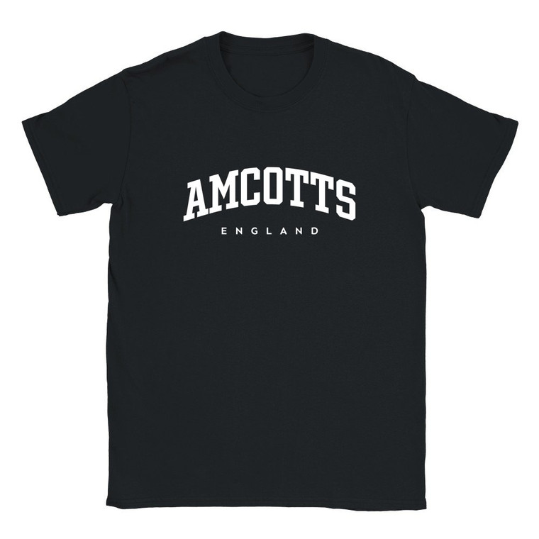 Amcotts T Shirt which features white text centered on the chest which says the Village name Amcotts in varsity style arched writing with England printed underneath.
