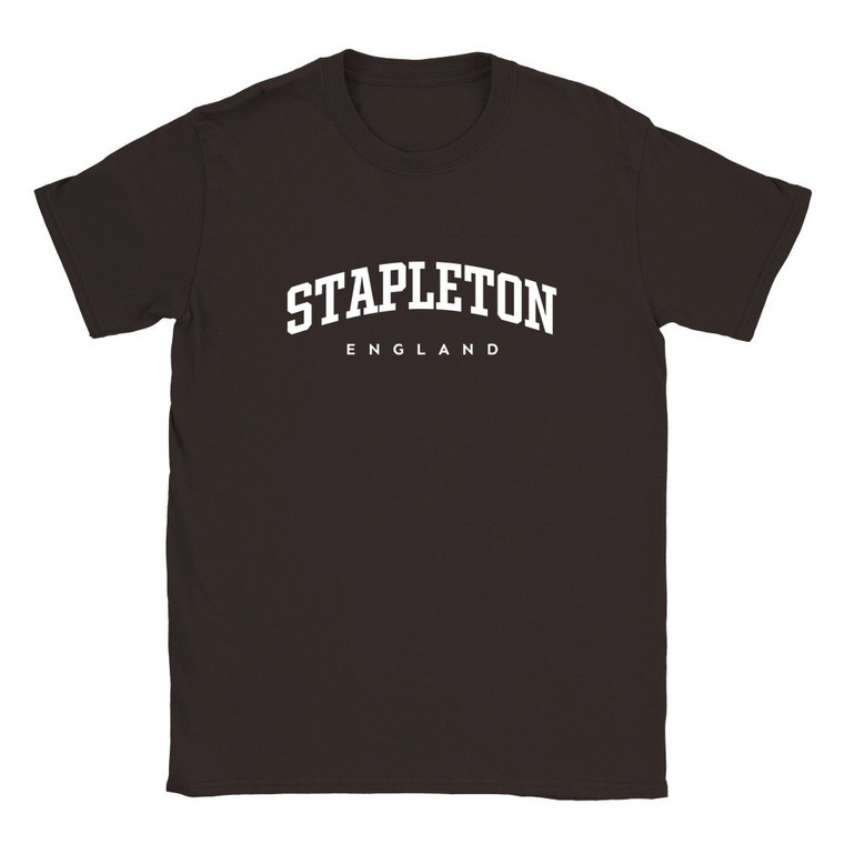 Stapleton T Shirt which features white text centered on the chest which says the Village name Stapleton in varsity style arched writing with England printed underneath.