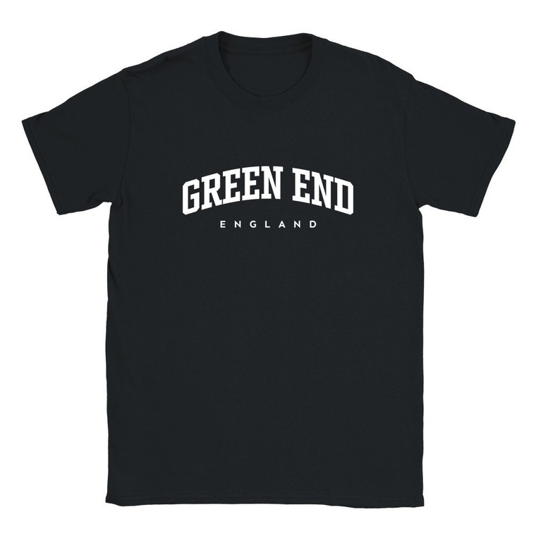 Green End T Shirt which features white text centered on the chest which says the Village name Green End in varsity style arched writing with England printed underneath.