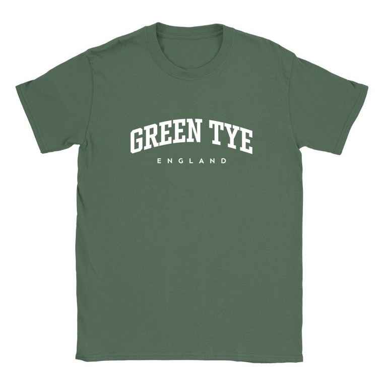 Green Tye T Shirt which features white text centered on the chest which says the Village name Green Tye in varsity style arched writing with England printed underneath.