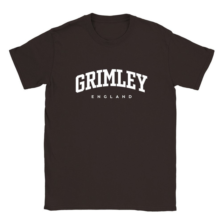 Grimley T Shirt which features white text centered on the chest which says the Village name Grimley in varsity style arched writing with England printed underneath.