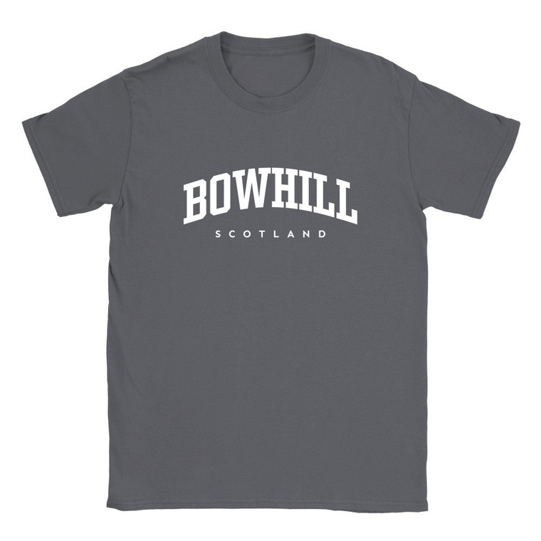 Bowhill T Shirt which features white text centered on the chest which says the Village name Bowhill in varsity style arched writing with Scotland printed underneath.
