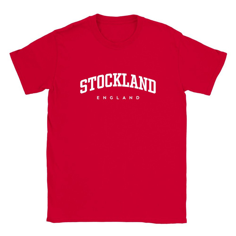 Stockland T Shirt which features white text centered on the chest which says the Village name Stockland in varsity style arched writing with England printed underneath.