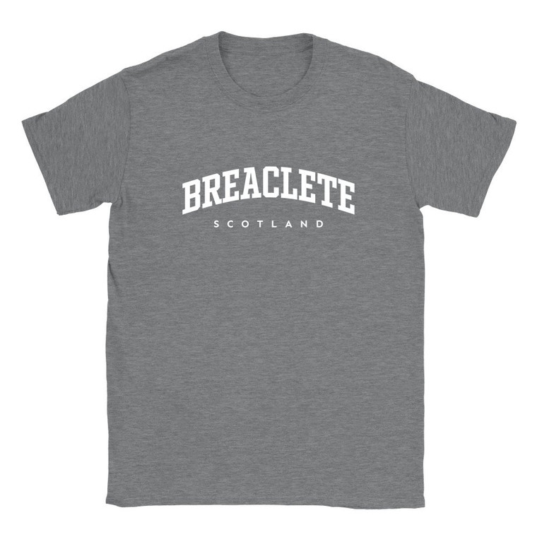 Breaclete T Shirt which features white text centered on the chest which says the Village name Breaclete in varsity style arched writing with Scotland printed underneath.