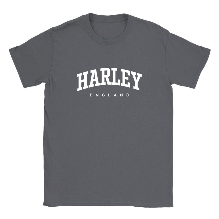 Harley T Shirt which features white text centered on the chest which says the Village name Harley in varsity style arched writing with England printed underneath.