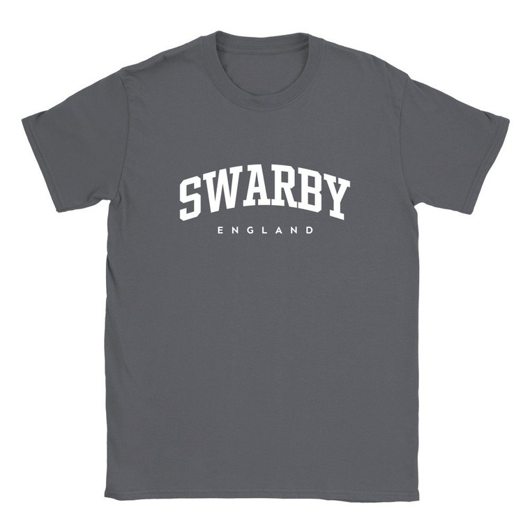Swarby T Shirt which features white text centered on the chest which says the Village name Swarby in varsity style arched writing with England printed underneath.
