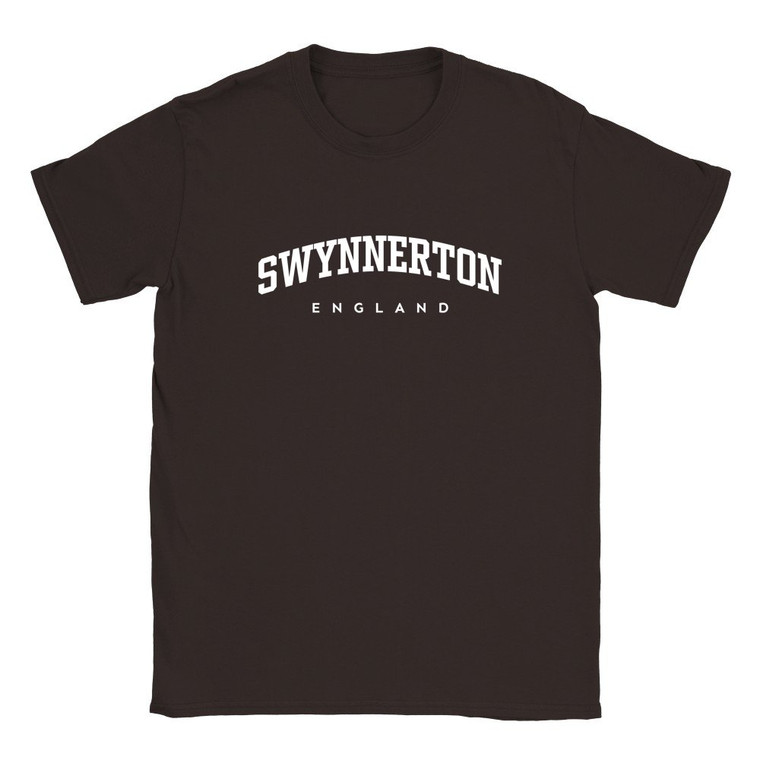 Swynnerton T Shirt which features white text centered on the chest which says the Village name Swynnerton in varsity style arched writing with England printed underneath.